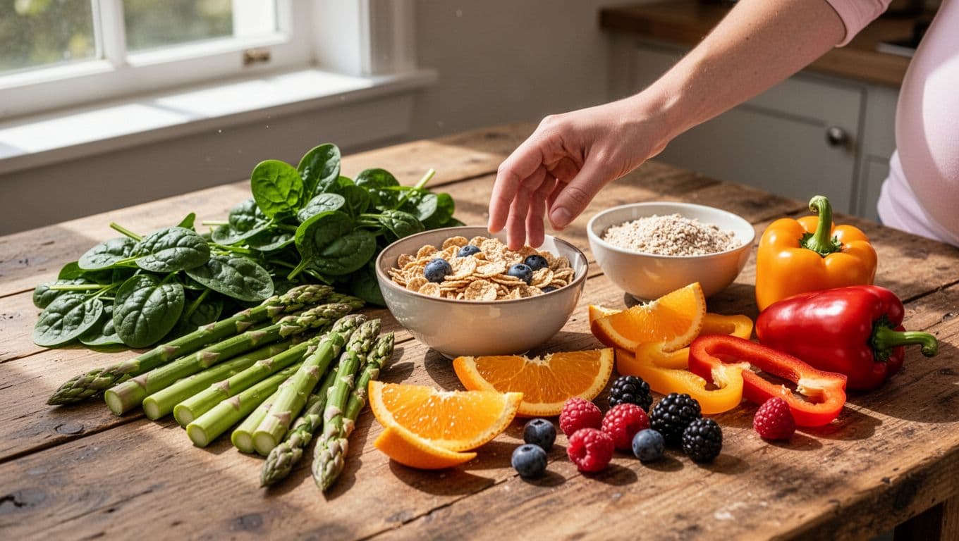 Pregnant woman's hand arranges spinach, beans, asparagus, cereal, oranges, berries, and bell peppers on wooden kitchen table.