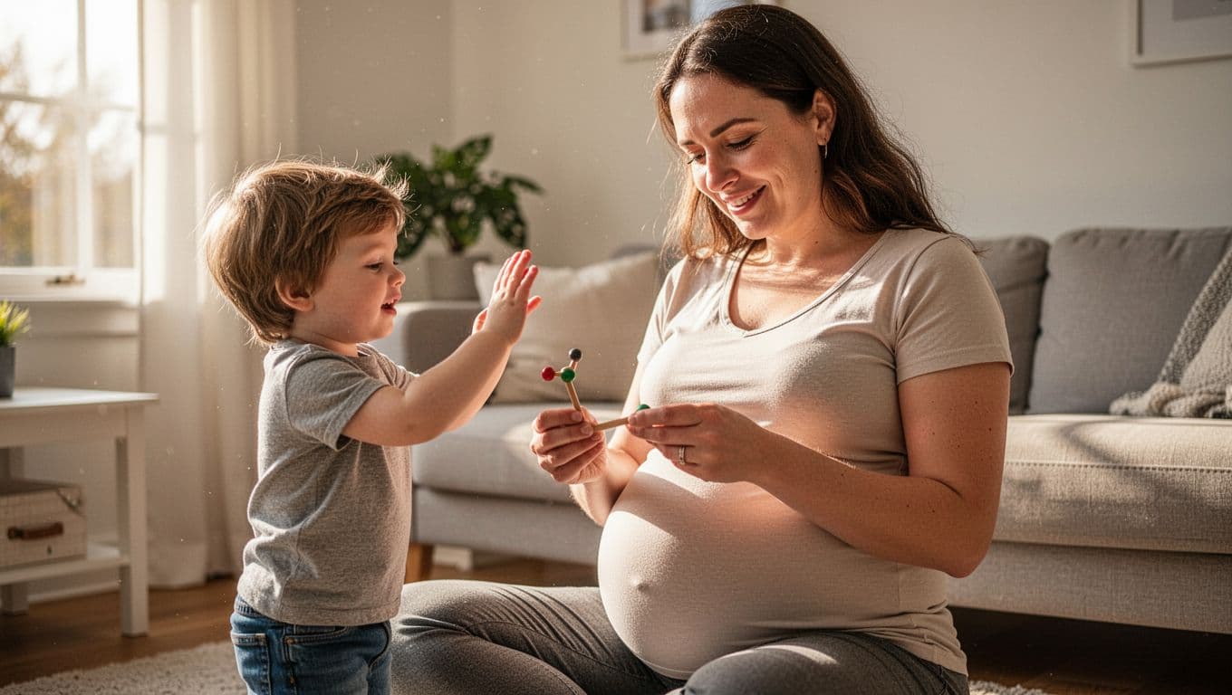 Third-trimester pregnant mother smiles tiredly holding toy as toddler boy reaches up in bright living room.