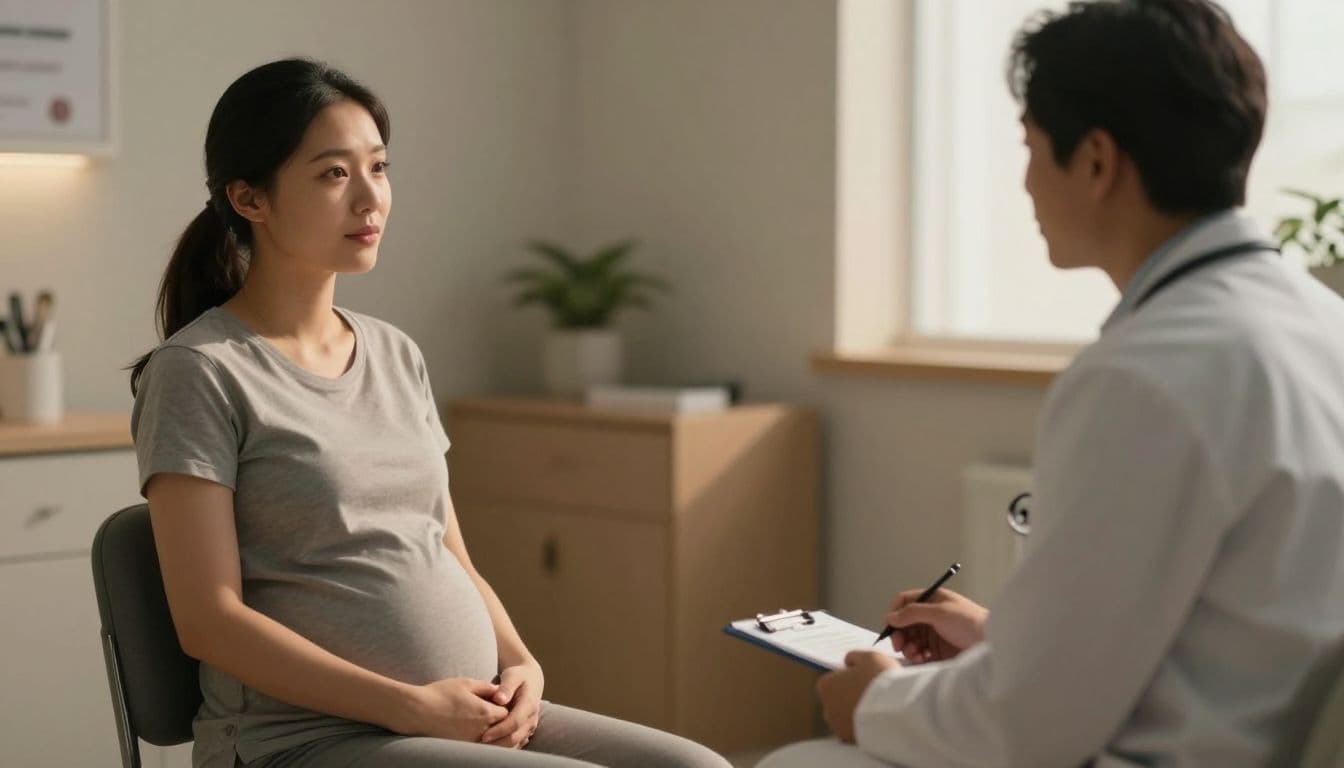 A pregnant woman sits in a modern medical clinic while engaged in a thoughtful conversation with her doctor. Warm light illuminates the clean room, highlighting their focused and calm professional interaction.