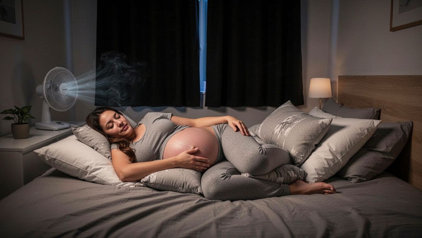 Pregnant woman sleeps on left side with pillows supporting belly, knees, and back in dim bedroom with blackout curtains and nightstand fan.