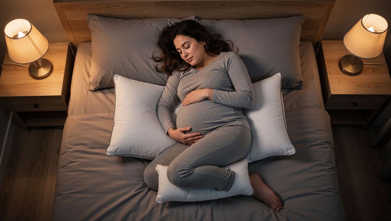 Top-down view of third-trimester pregnant woman sleeping on left side with pillow between bent knees and small pillow under belly.