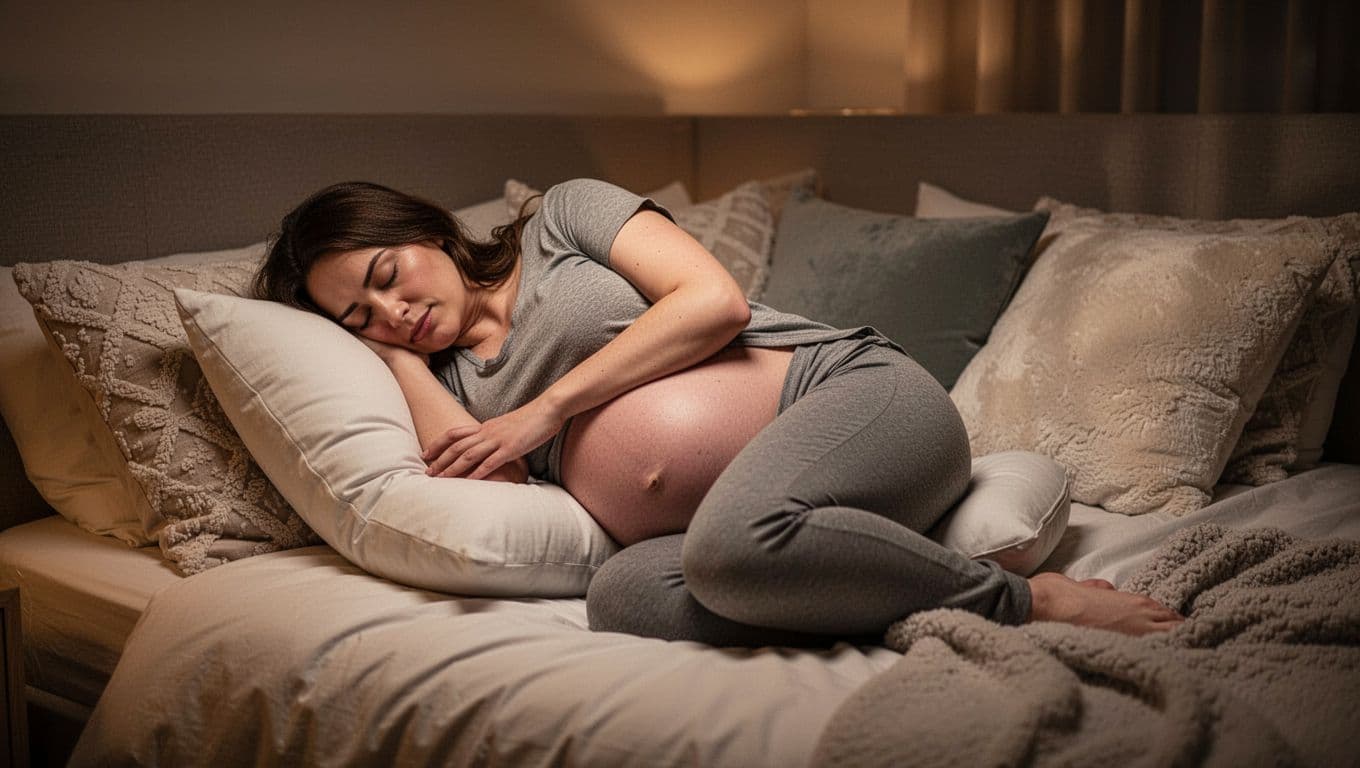 Third-trimester pregnant woman sleeps on left side with pillow between knees and under belly in dimly lit bedroom.