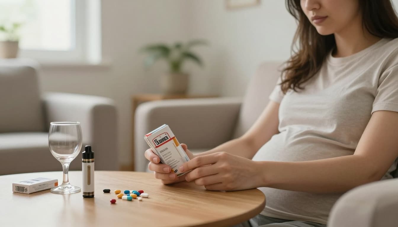 Pregnant woman turns away from table with cigarettes, vape, wine glass, and pills in living room.