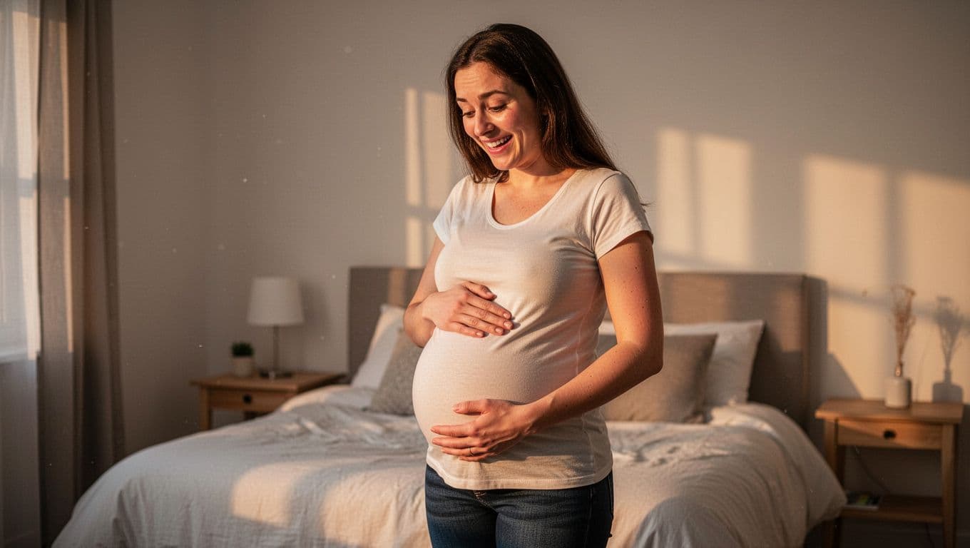 Pregnant woman lies on side in cozy bedroom, hand pressing belly with surprised happy smile.