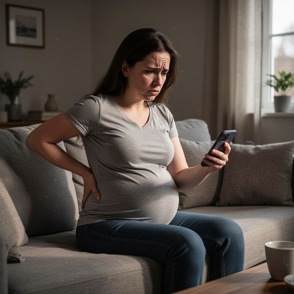 Concerned pregnant woman sits on sofa holding lower back while looking at smartphone.