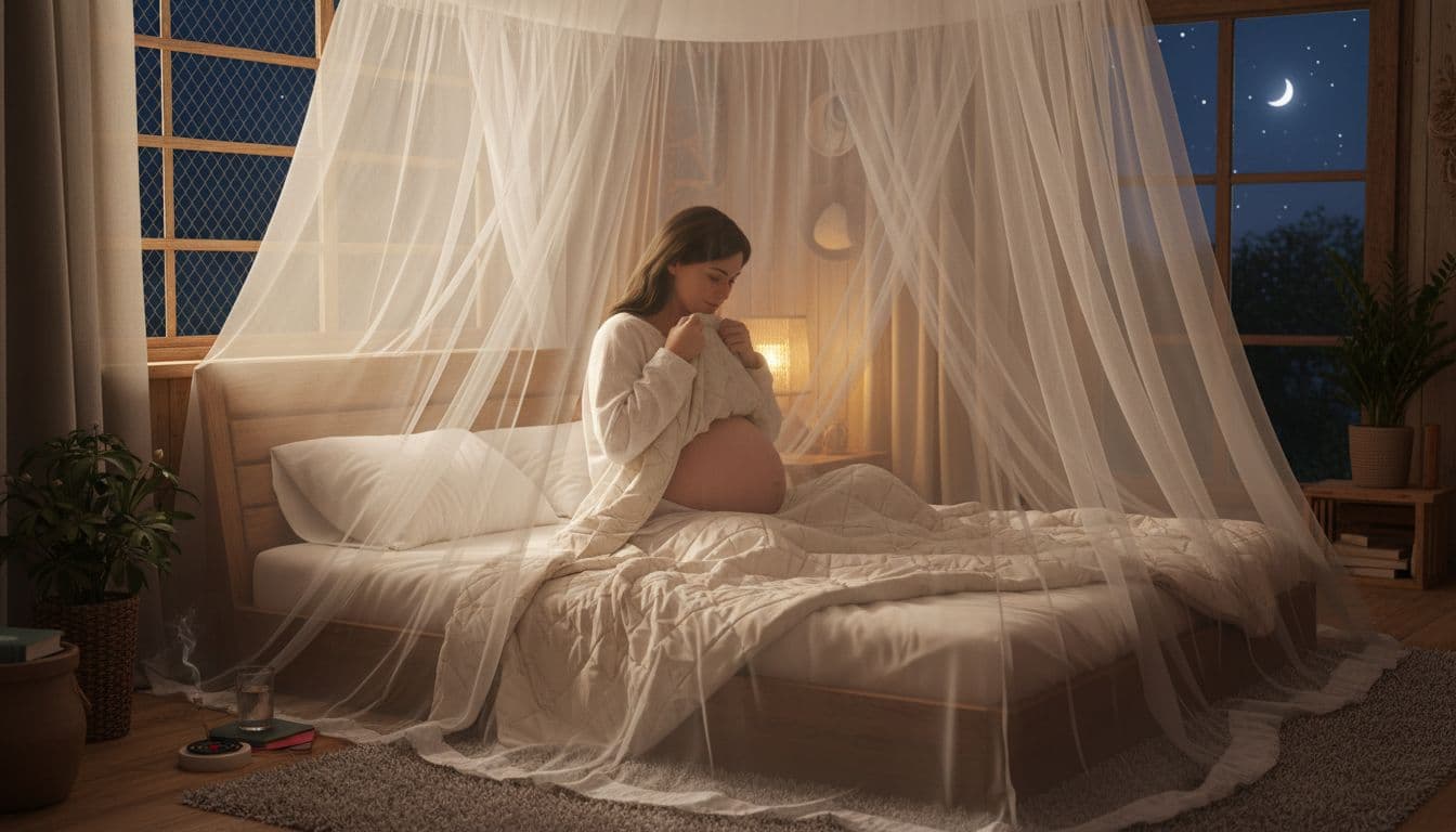 A pregnant woman in a cozy bedroom at night tucks under an insecticide-treated bed net while wearing long sleeves and pants, with a screened window visible under soft warm lighting.