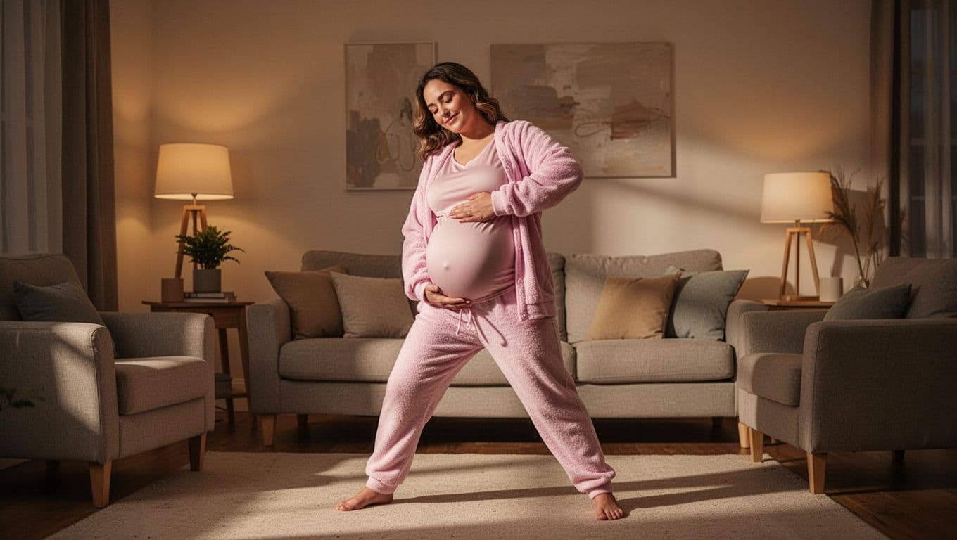 Third-trimester pregnant woman does gentle stretches in softly lit living room.