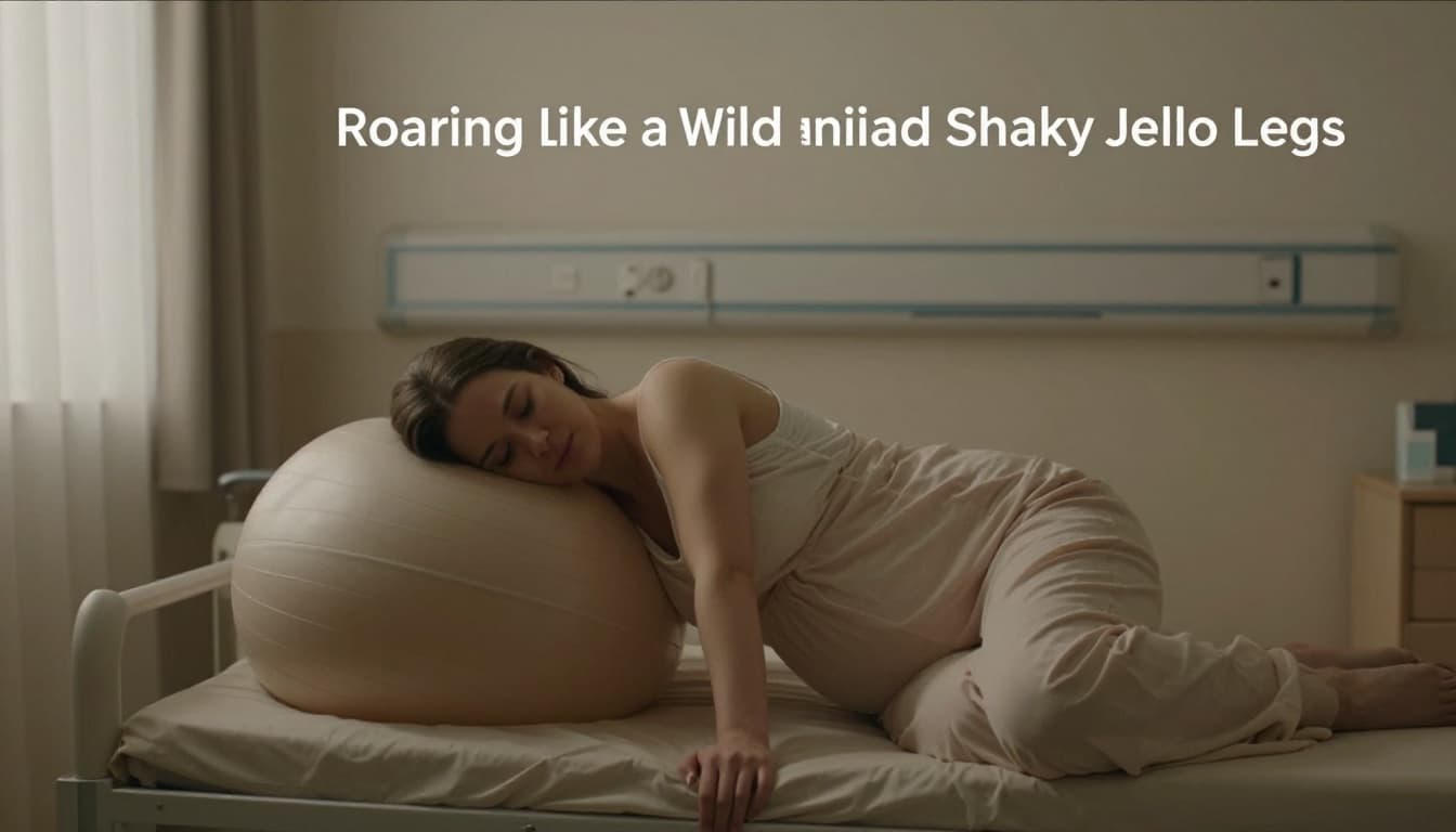 Pregnant woman leans on birthing ball in dimly lit minimalist hospital labor room.