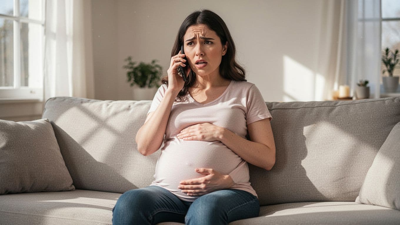 Third-trimester pregnant woman sits on sunlit couch holding phone to ear, hand on belly, calm concerned expression.