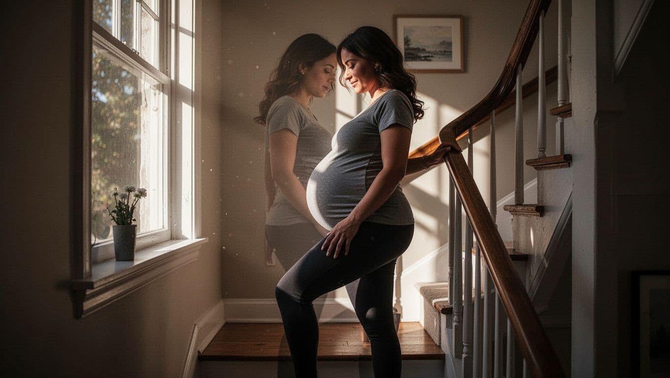 A pregnant woman in profile holds a wooden handrail while carefully ascending a short staircase. Soft morning sunlight illuminates the hallway, highlighting the physical effort of her third trimester movement.