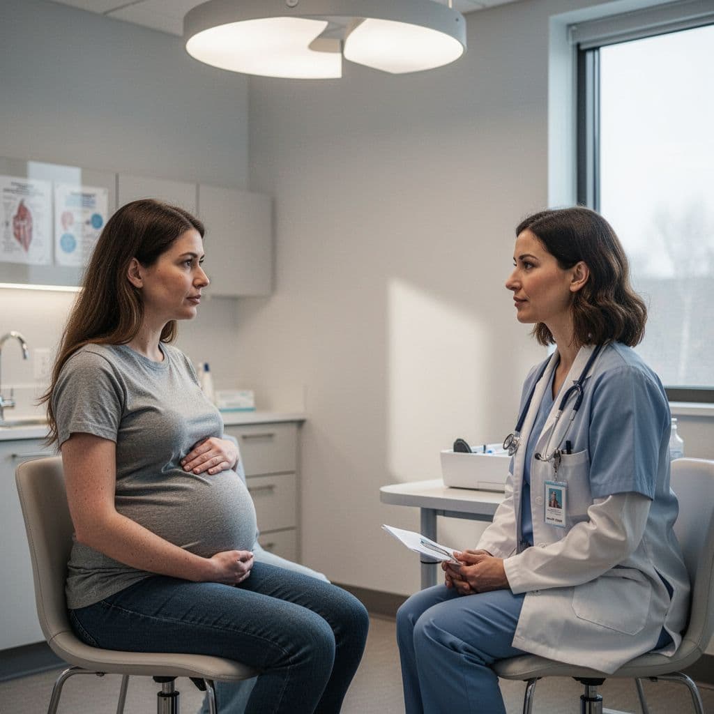 A pregnant woman sits in an office discussing health choices with her doctor.