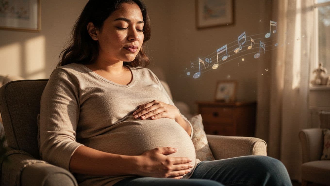 A pregnant woman sits in a softly illuminated room, her hand resting tenderly on her bump. Warm shadows play across her focused face, creating a cinematic atmosphere of deep parental connection.