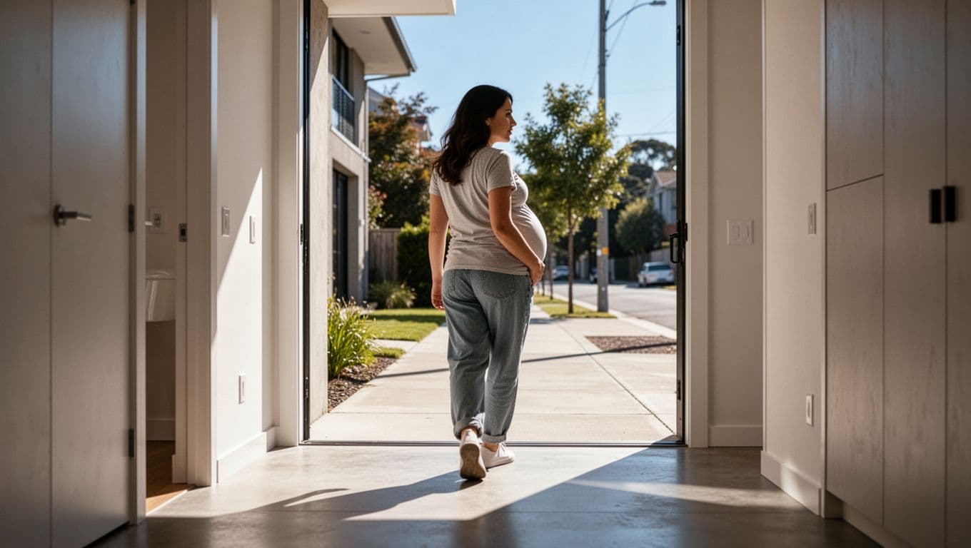 A pregnant woman in comfortable loungewear walks through a sun-drenched hallway, transitioning toward an outdoor sidewalk. The composition focuses on her rhythmic stride and the warm, golden light surrounding her figure.