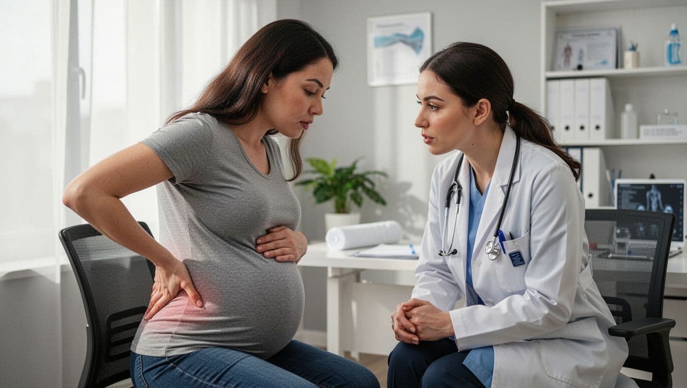 Pregnant woman in third trimester points to lower back while female doctor listens attentively in office.