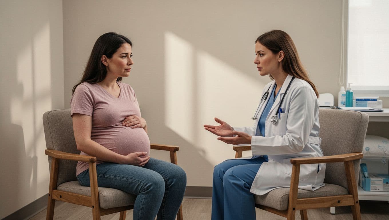 Mid-third trimester pregnant woman sits with female doctor in softly lit office, both showing calm reassuring expressions.