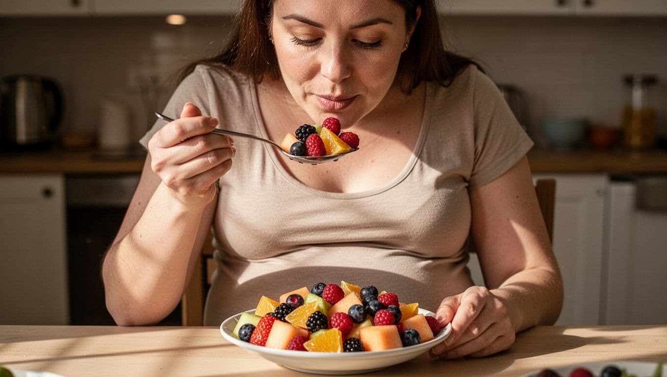 A close-up captures an expectant mother enjoying a bowl of colorful, fresh fruit salad. Soft indoor lighting illuminates the vibrant textures of the produce and her calm, peaceful facial expression.