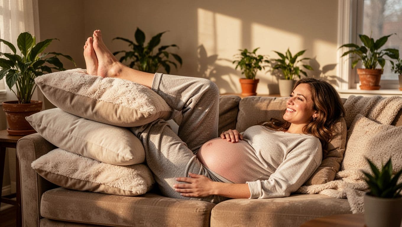 Pregnant woman reclines on couch with feet elevated above heart on pillows in living room.
