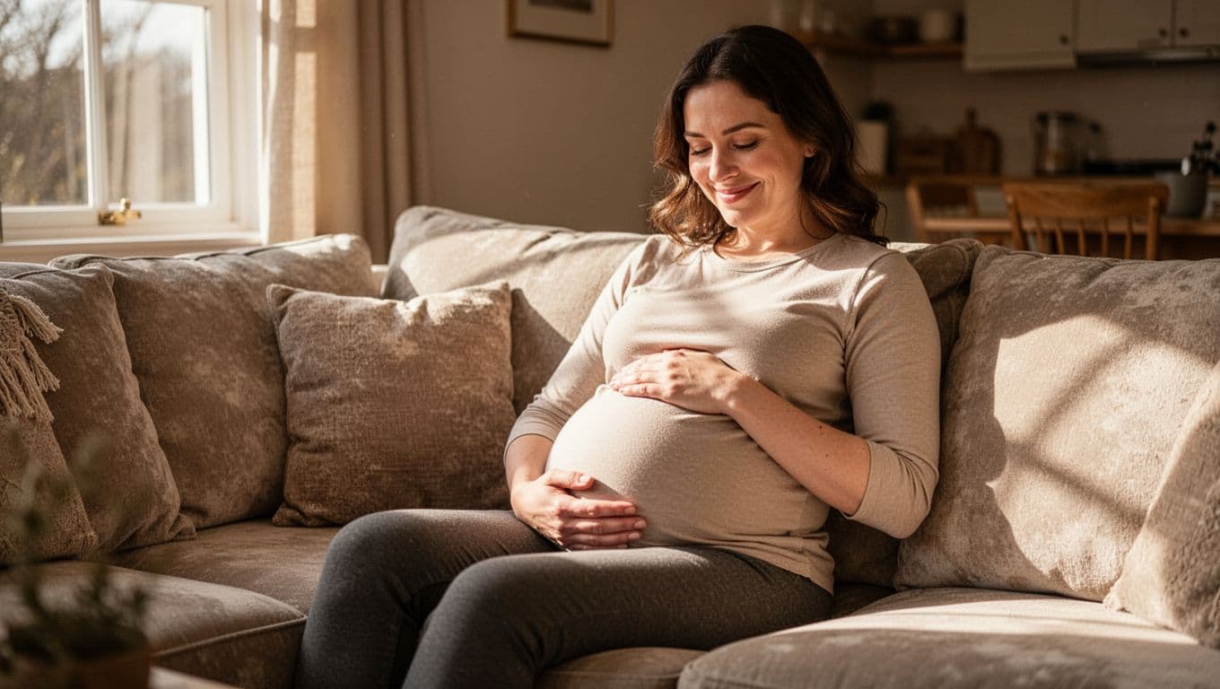 Second-trimester pregnant woman sits in cozy living room, hand on belly, soft smile in natural daylight.