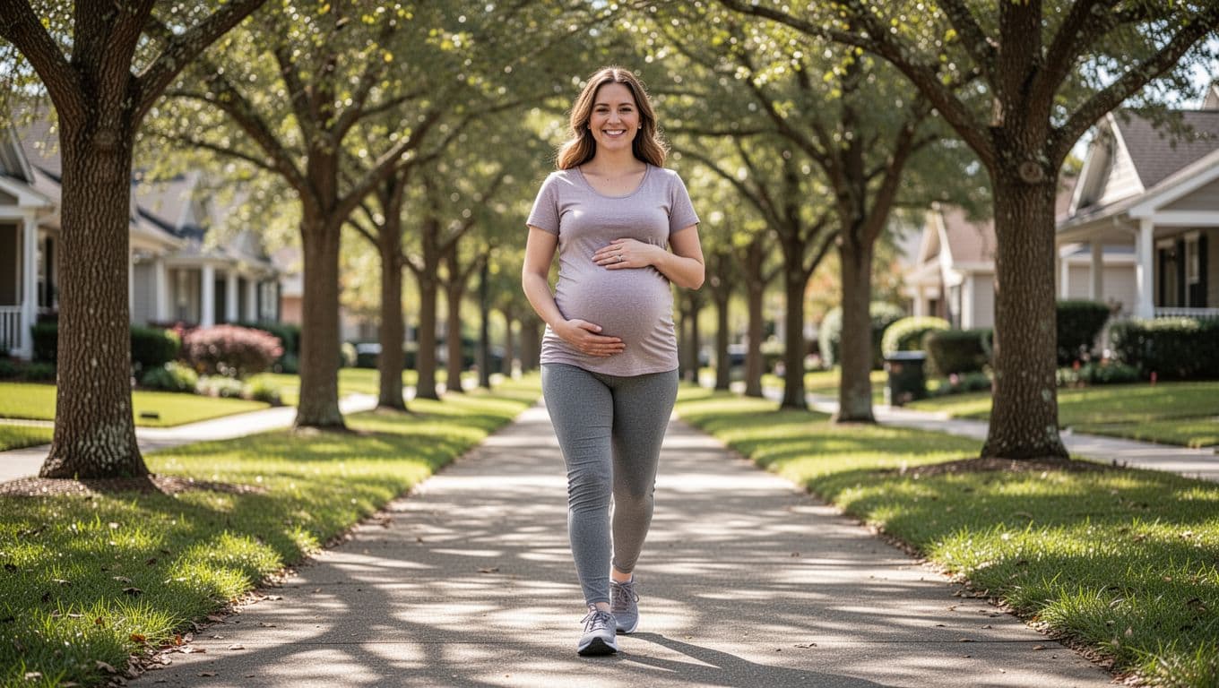 Pregnant woman in maternity clothes walks on tree-lined path, hand on belly, relaxed smile.
