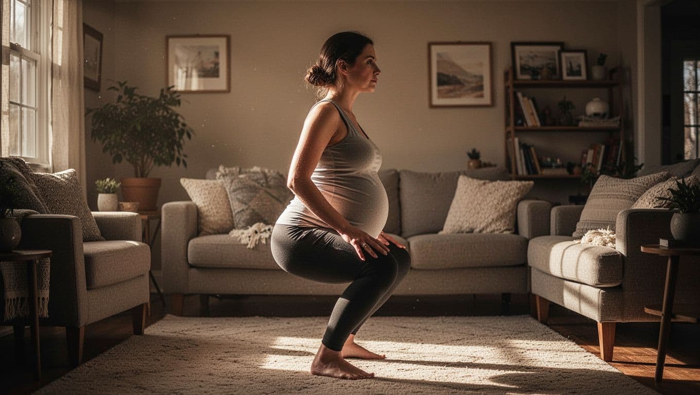 A woman in her third trimester performs a gentle, controlled squat in a sunlit living room. She maintains a calm, balanced posture while warm natural light casts soft, dramatic shadows nearby.