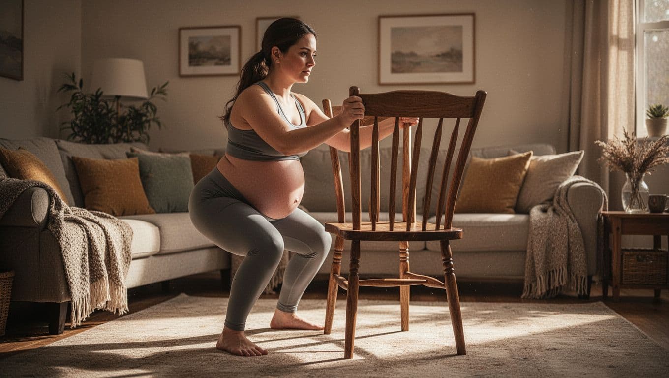A pregnant woman in a cozy living room performs gentle squats while gripping the back of a sturdy wooden chair for support. Golden afternoon sunlight highlights the warm home interior decor.
