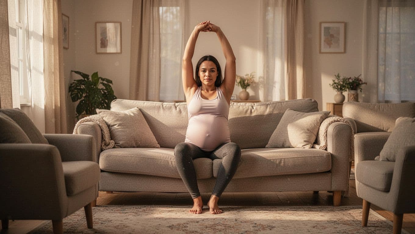 A pregnant woman in her third trimester performs slow, mindful stretches on a soft rug. The sunlit living room features warm, ambient lighting that emphasizes her calm posture and deliberate, safe movements.