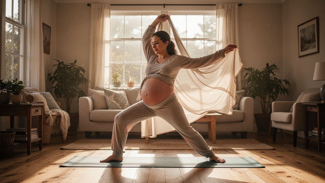 A pregnant woman wearing comfortable leggings and a soft top performs gentle yoga stretches in a bright, airy living room. Sunlight streams across the wooden floor, highlighting her peaceful movement.