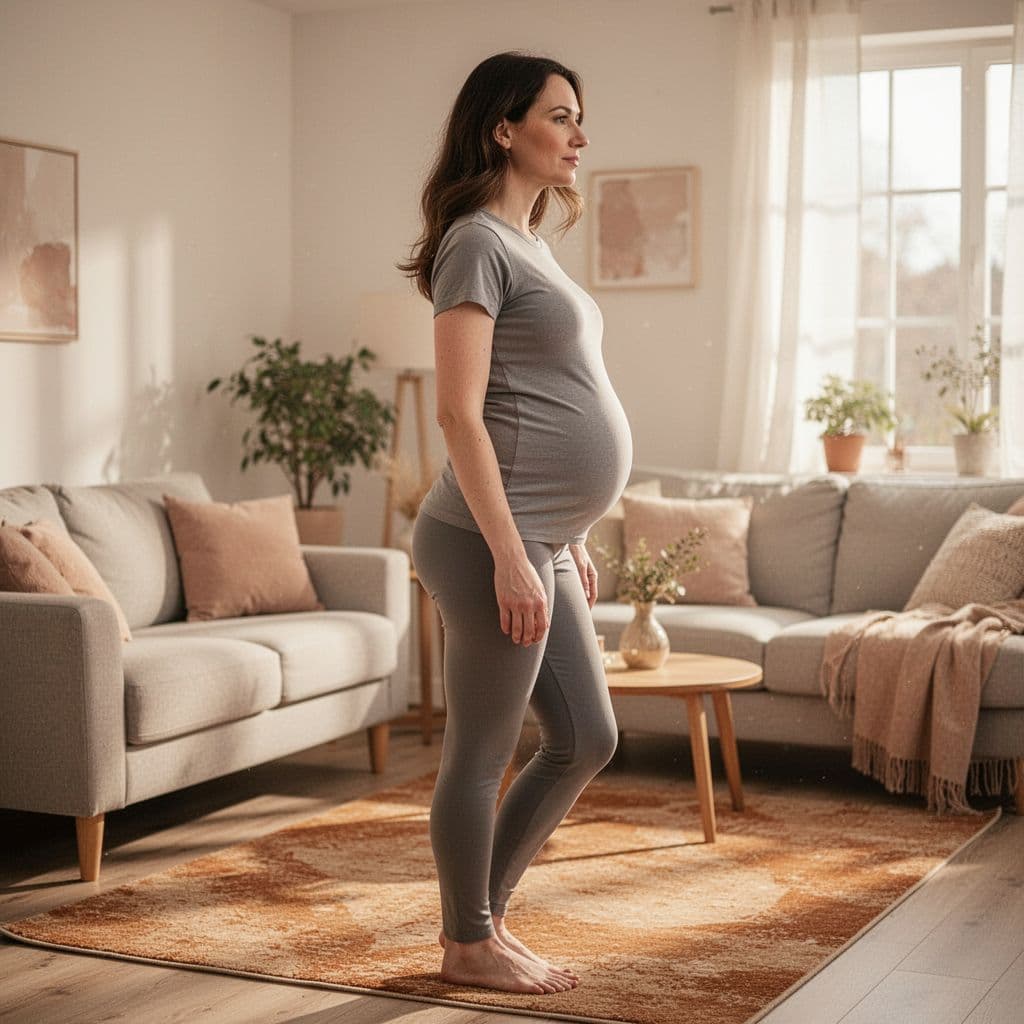 Side view of pregnant woman standing with relaxed shoulders and neutral spine in cozy living room.