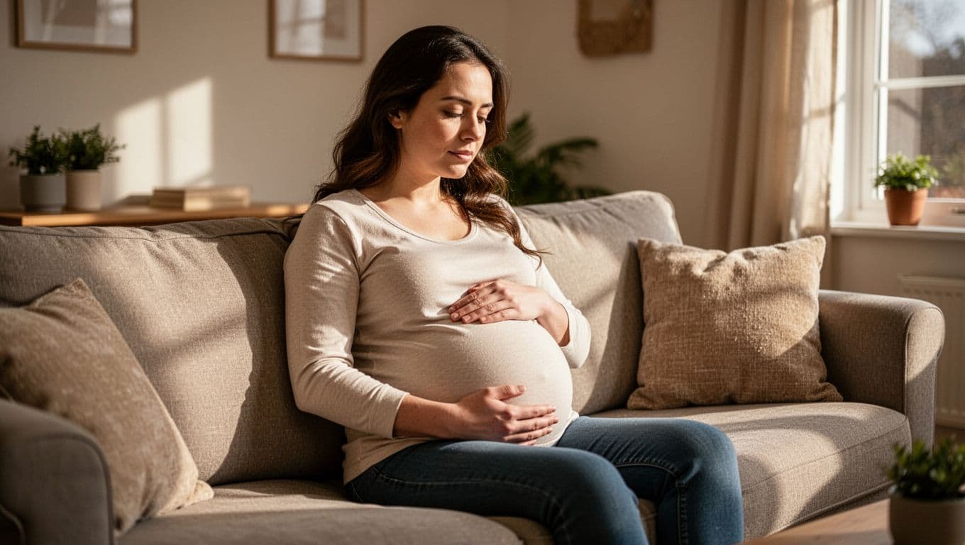Third-trimester pregnant woman sits on living room couch, hand on belly, calm thoughtful expression.