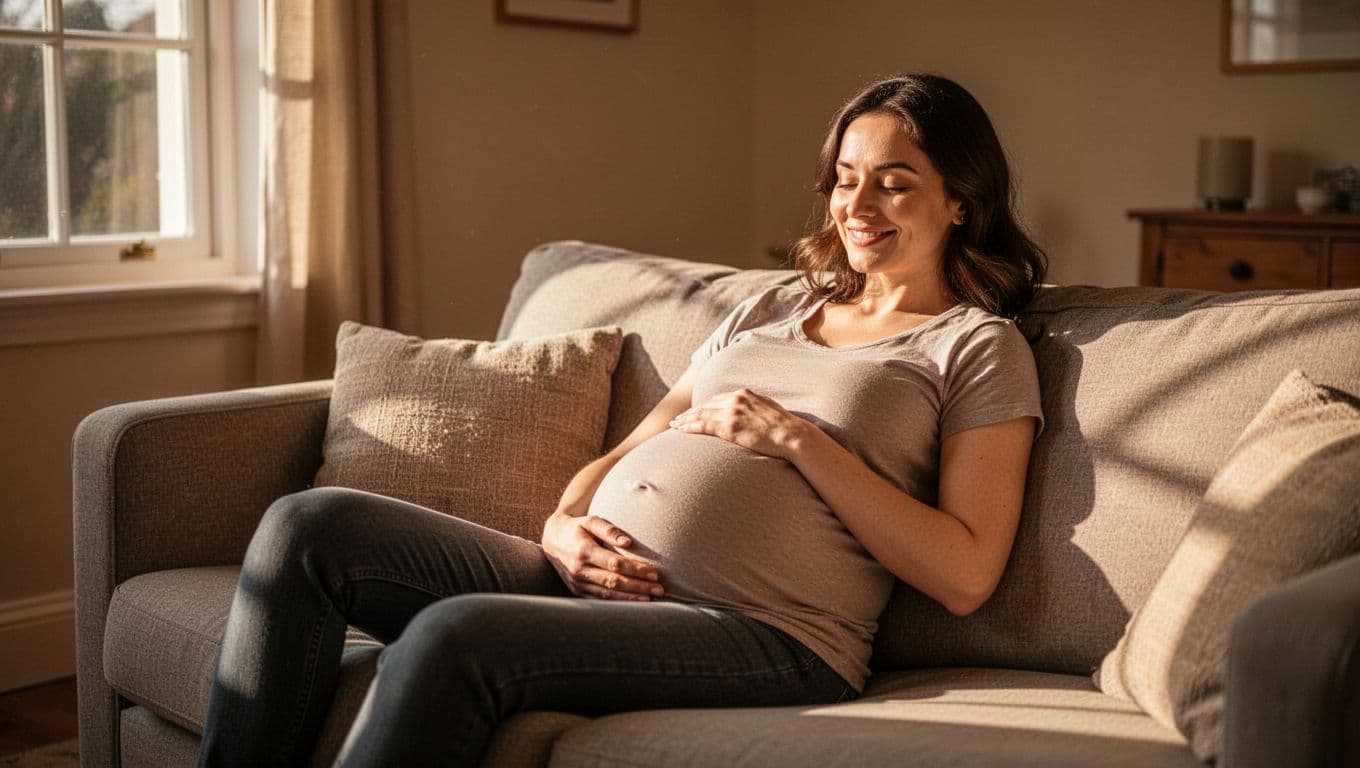 Pregnant woman in second trimester rests on cozy couch in sunlit living room, hand on belly, subtle smile.