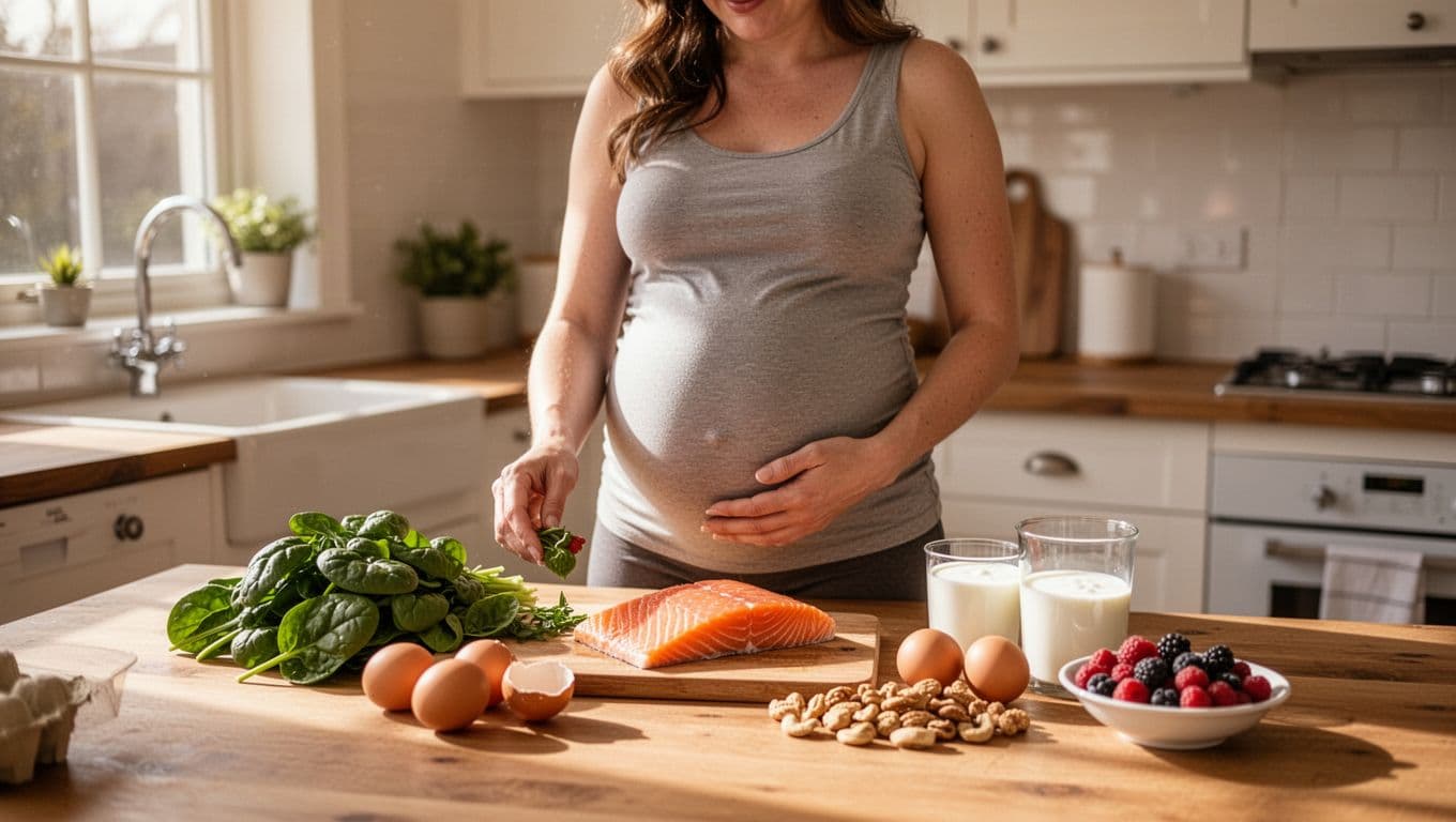 Pregnant woman in second trimester stands in sunny kitchen arranging spinach, salmon, eggs, nuts, yogurt, and berries on wooden table.