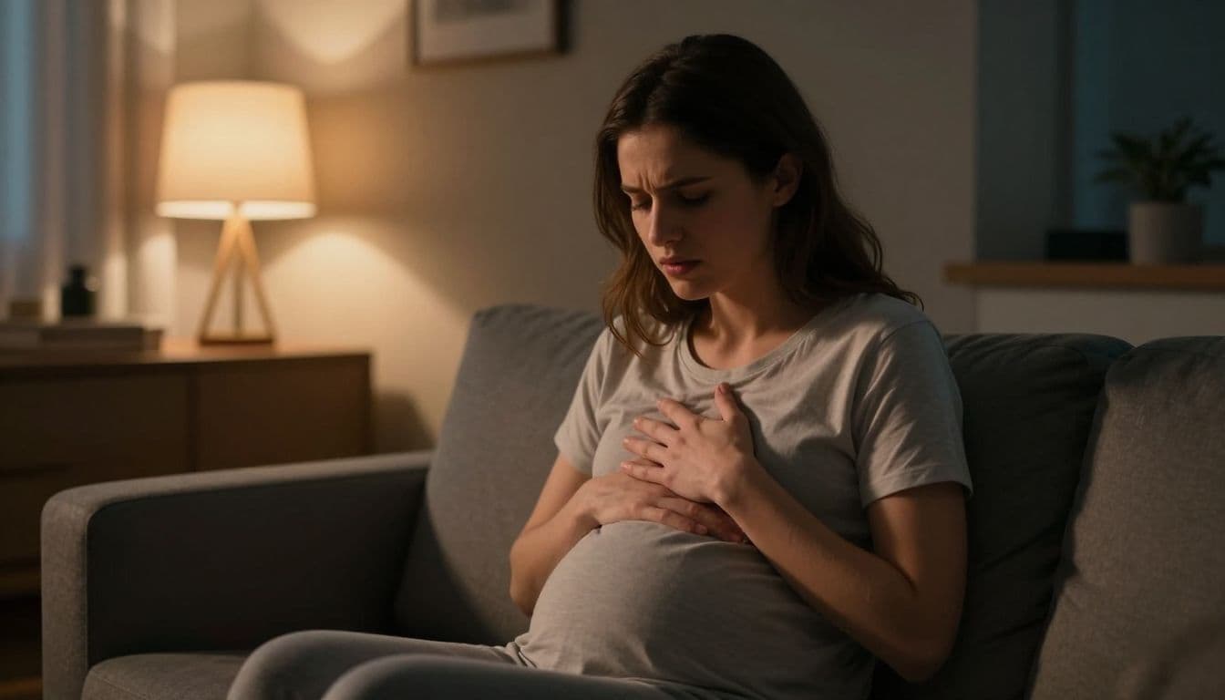A woman sits in a shadowy living room with her hand pressed against her chest in pain. A nearby warm lamp casts dramatic highlights across her face and evening attire.
