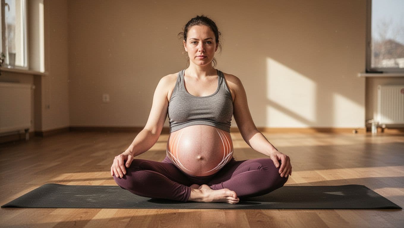 Pregnant woman seated on yoga mat stretches hips, tight hamstrings and glutes pulling on pelvis visible.
