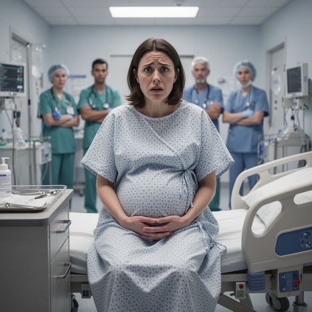 Pregnant woman in hospital gown sits overwhelmed on bed in bright sterile room with blurred staff behind.