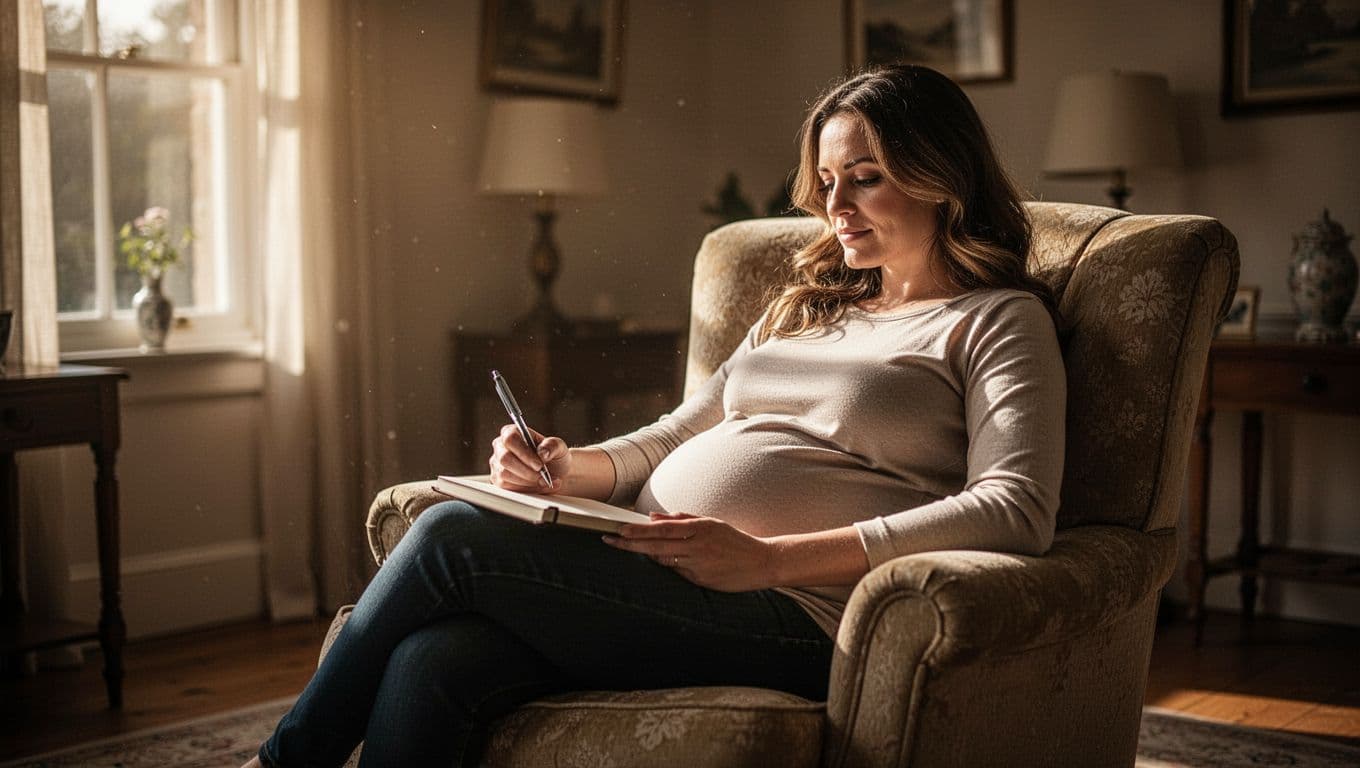 A pregnant woman sits comfortably in an upholstered armchair within a sunlit, peaceful room. She focuses on writing in a journal, bathed in warm light that creates a serene atmosphere for preparation.