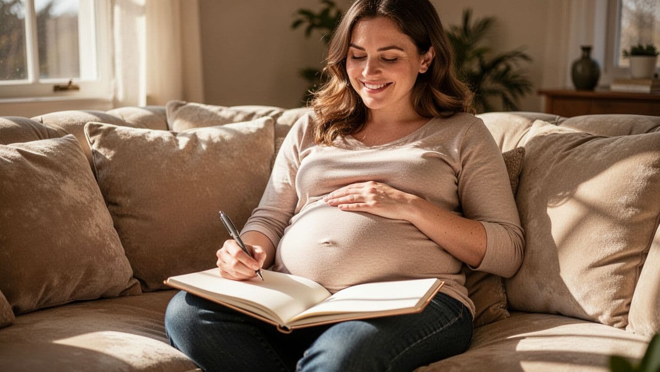 Pregnant woman in second trimester sits on cozy couch in sunlit living room, writing in open journal with hand on belly.