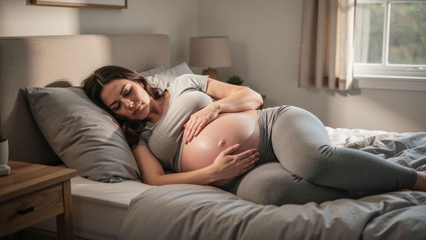Third-trimester woman lies on left side on bed, hand on belly, focused expression in soft window light.