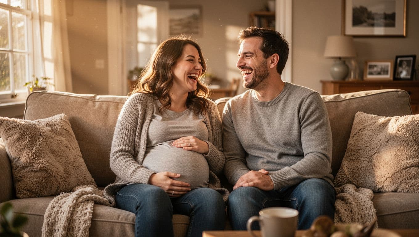 Pregnant woman laughs with partner and friend on living room couch in warm afternoon light.