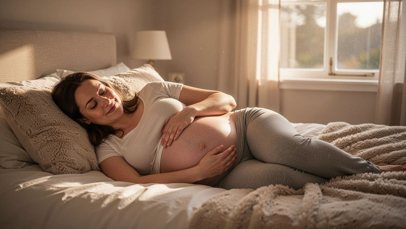 Third-trimester pregnant woman lies on left side on bed, hand on belly, relaxed smile in cozy bedroom with morning light.