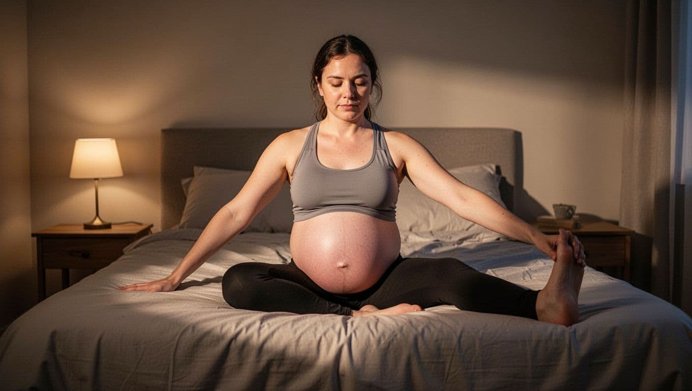 Pregnant woman sits on bed edge, gently extending one leg in relaxed evening bedroom light.