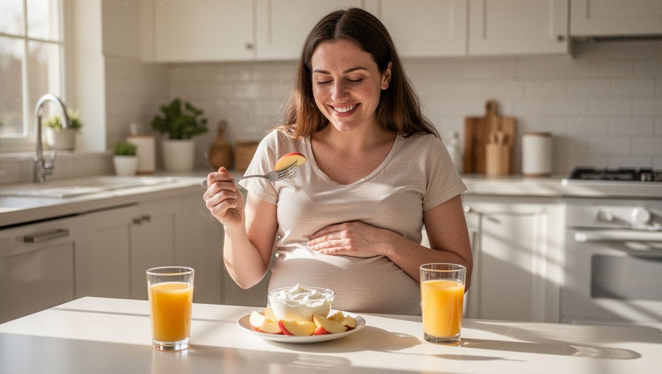 Pregnant woman sits at kitchen table with apple slices, yogurt, and juice, hand on belly, relaxed smile.