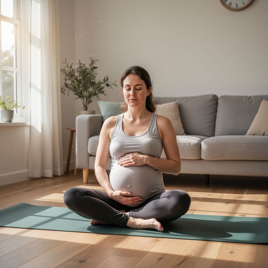 A pregnant woman sits on a yoga mat in a sunlit room, resting her hand on her belly.