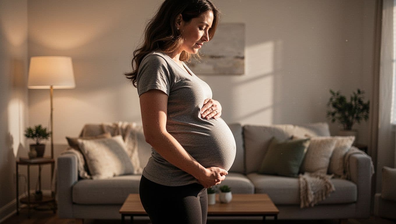 A pregnant woman stands in profile within a cozy living room, highlighting the visible drop in her belly shape. Soft, warm ambient light illuminates her silhouette against the blurred domestic background.