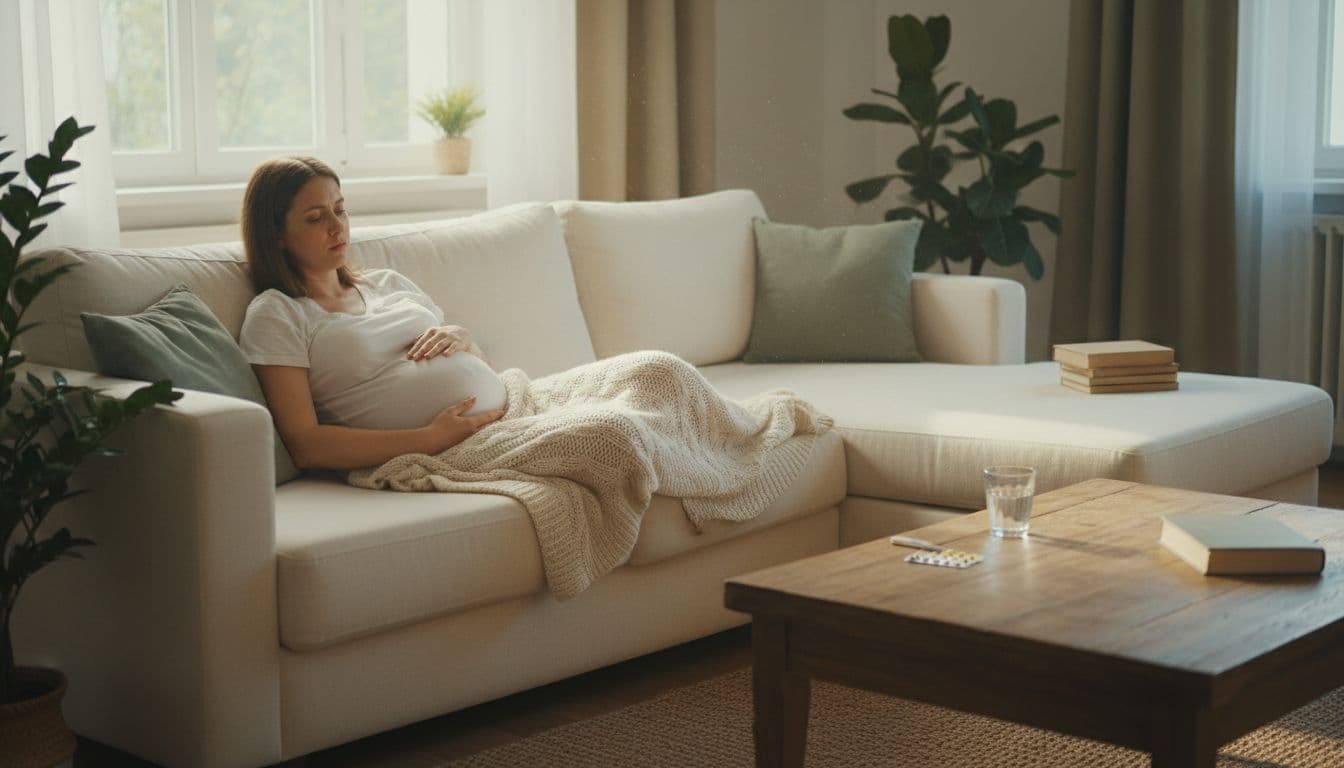 A pale and weak pregnant woman in her second trimester sits on a cozy couch, hand protectively on her belly, showing symptoms of anemia, fever, chills, and slight sweating from severe malaria, with medicine and water nearby in soft natural light.