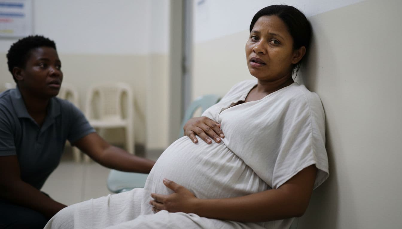 Pregnant woman displaying urgent malaria symptoms like confusion, severe weakness, and subtle yellowing skin, leaning against a hospital wall with hand on belly, focused on her with a partial helper nearby.