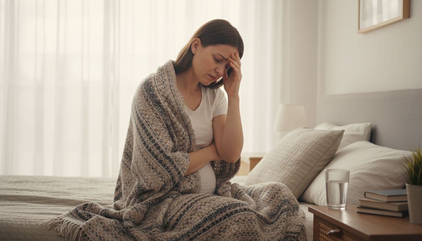 A pregnant woman in her second trimester sits on a bed wrapped in a blanket, experiencing malaria symptoms like fever and chills, with pale sweaty skin and hand on forehead, glass of water nearby in a cozy bedroom with soft morning light.