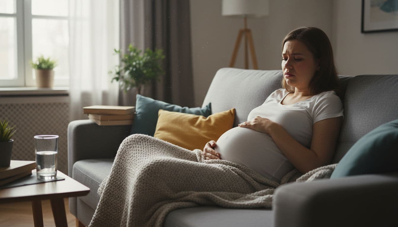 Pregnant woman in third trimester resting on couch with blanket, showing mild fever and chills from malaria, concerned expression in cozy living room with soft natural light and glass of water nearby.