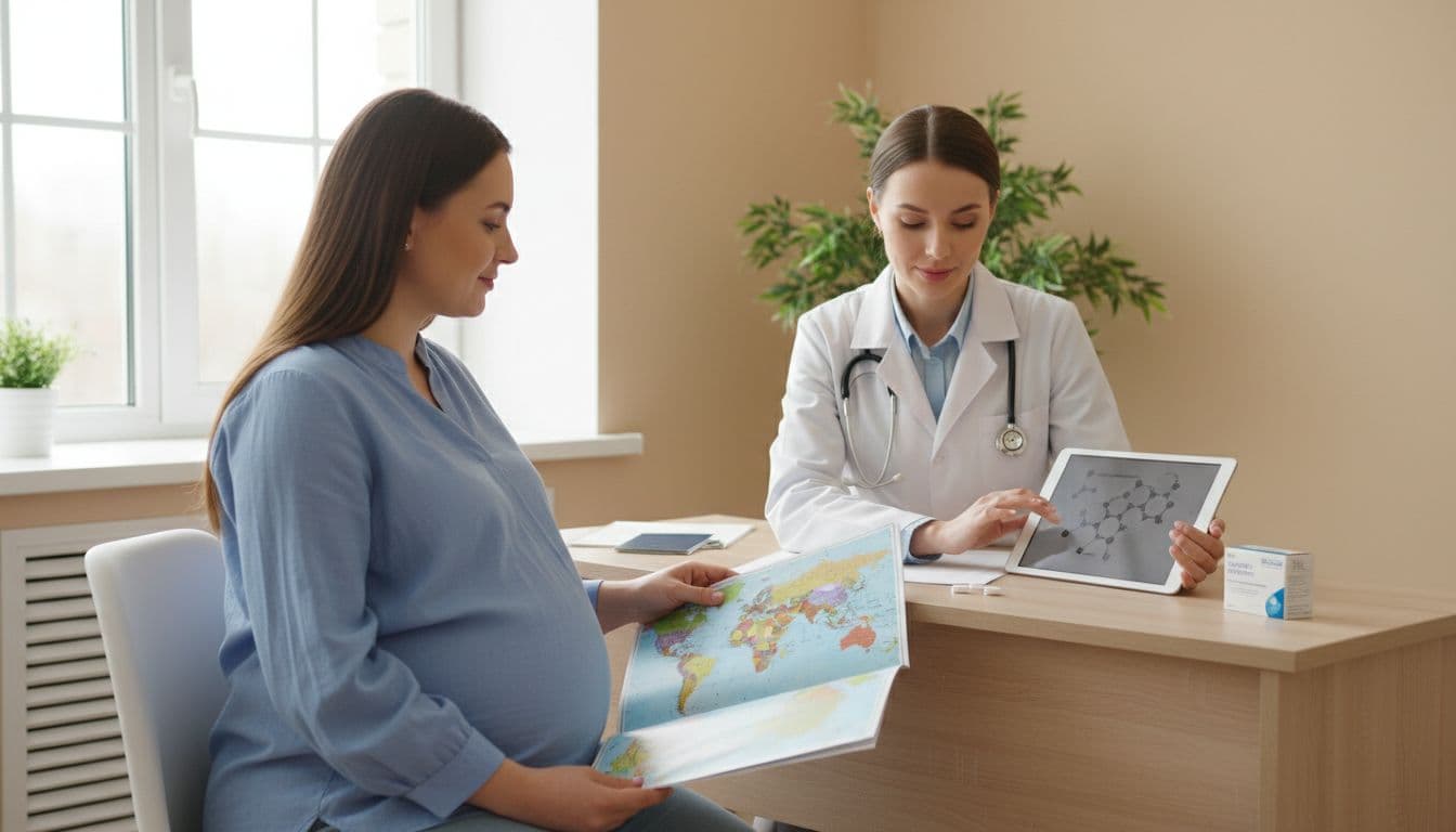 A pregnant woman consults a doctor in a bright clinic about traveling to a malaria-risk area, holding a passport or world map while discussing prevention medications.