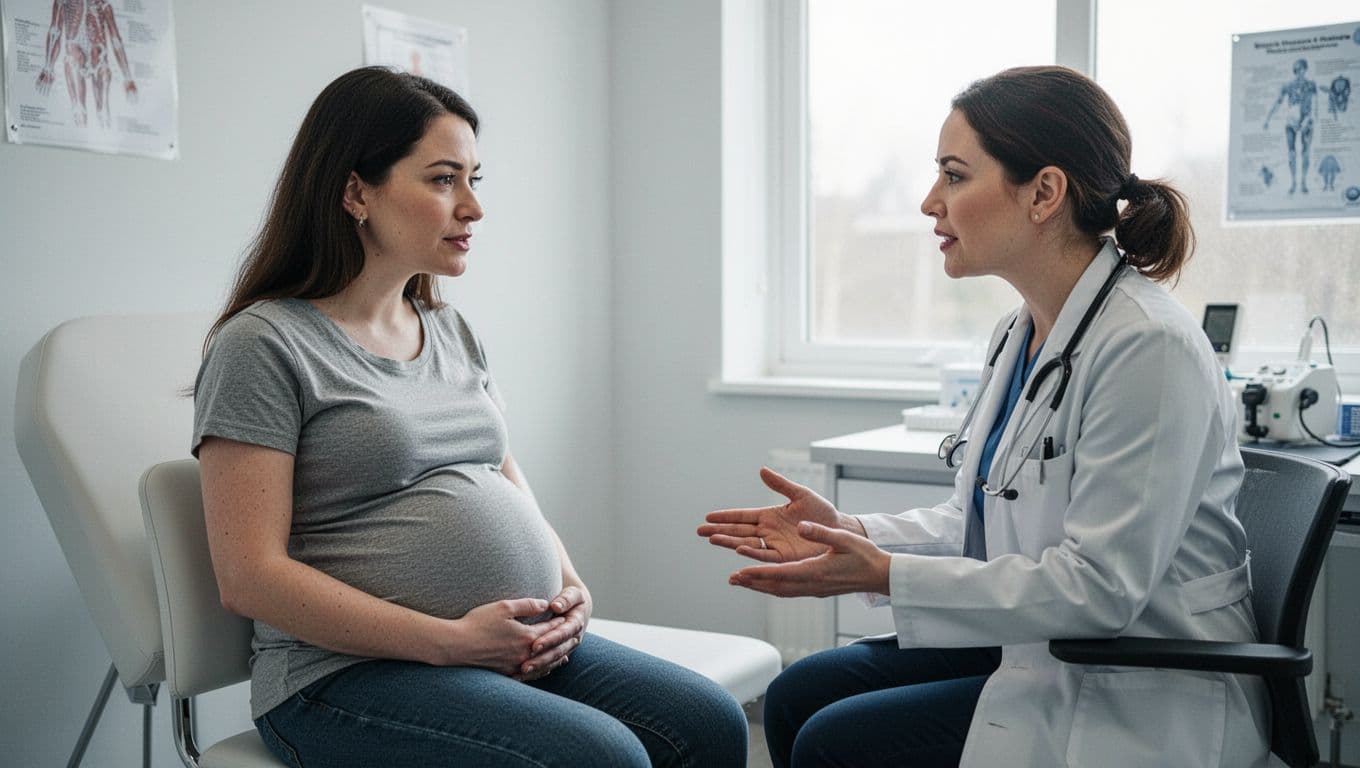 A pregnant woman sits in a brightly lit medical office across from her physician. They engage in a calm, professional conversation while soft light highlights their supportive and focused interaction.