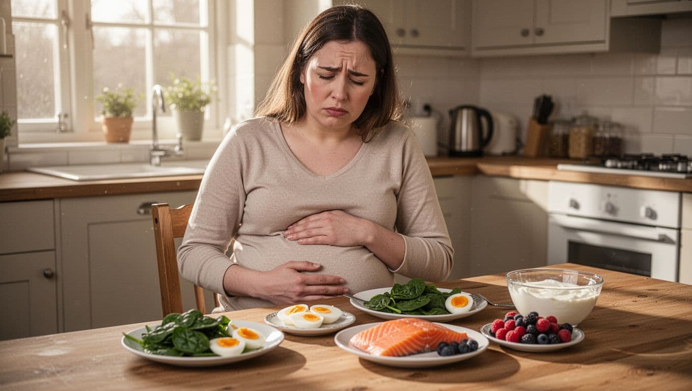 First-trimester pregnant woman sits uncomfortably at sunny kitchen table, hand on stomach, nauseous beside untouched spinach, eggs, salmon, berries, yogurt.